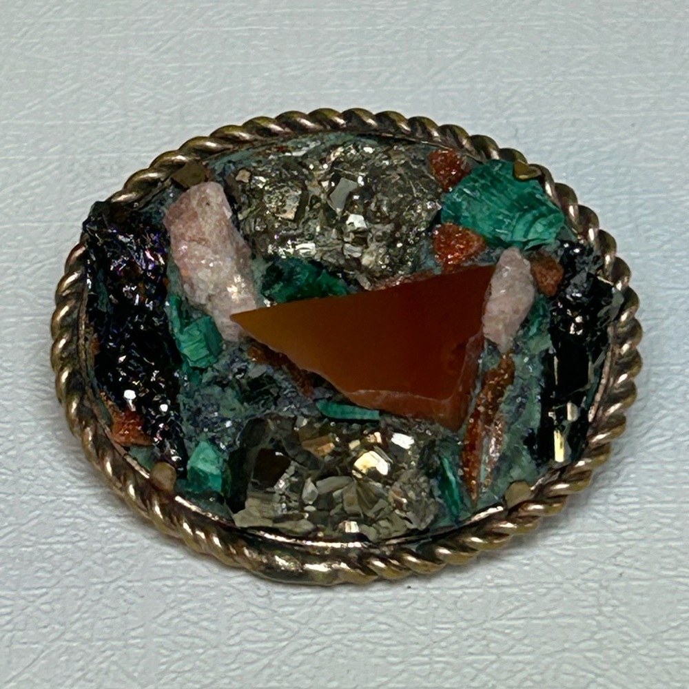 Victorian Vintage OOAK Collage Broocb Multicolor Stones Pyrite Eclectic